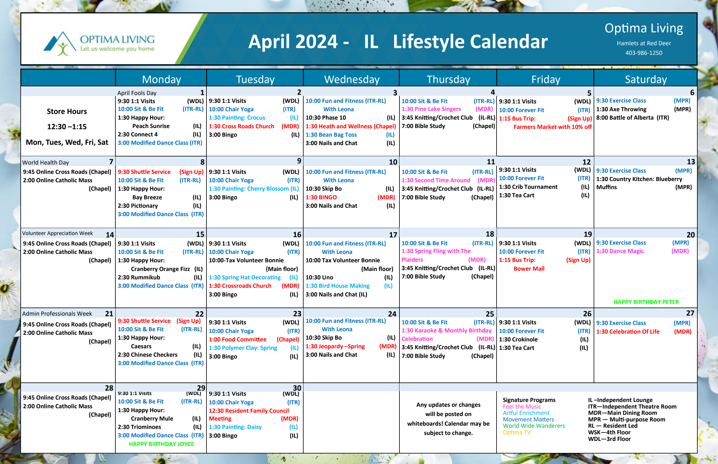 The Hamlets at Red Deer April 2024 IL event calendar