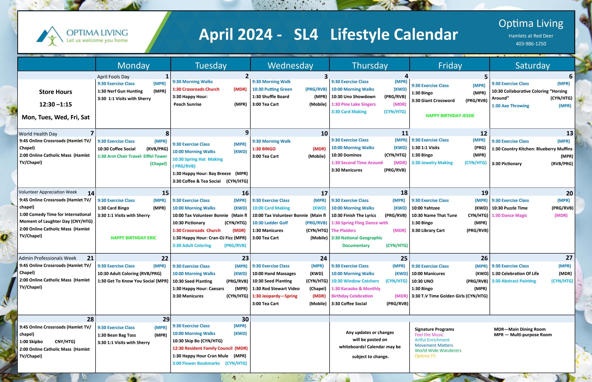 The Hamlets at Red Deer April 2024 SL4 event calendar
