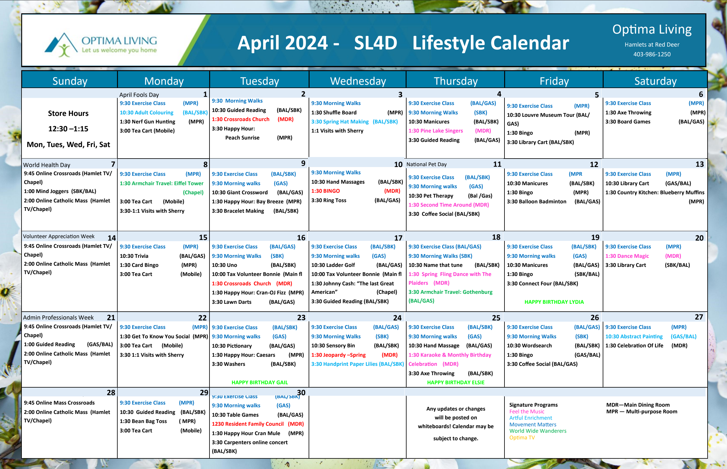 The Hamlets at Red Deer April 2024 SL4D event calendar
