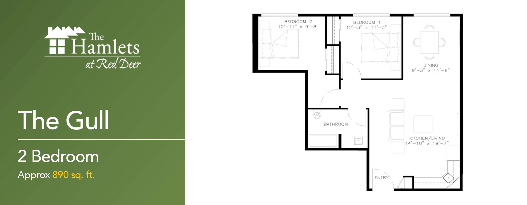 A two bedroom floor plan for The Hamlets at Red Deer