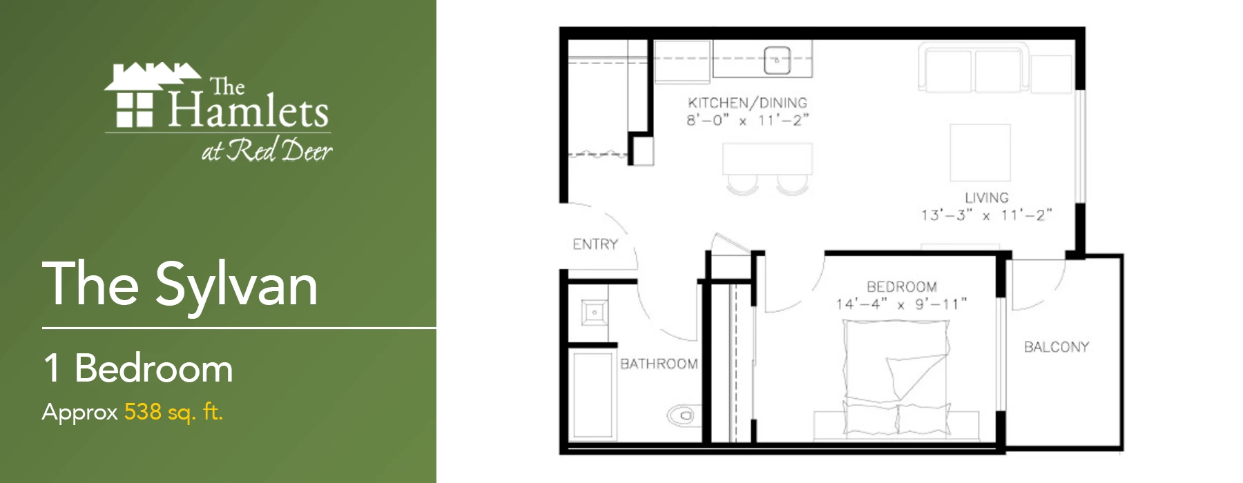 One bedroom floor plan for The Hamlets at Red Deer