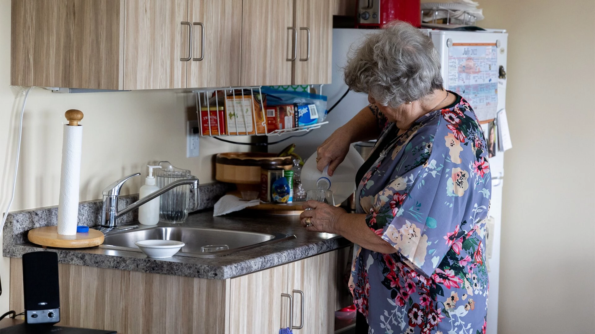 An elderly lady doing work in her kitchen